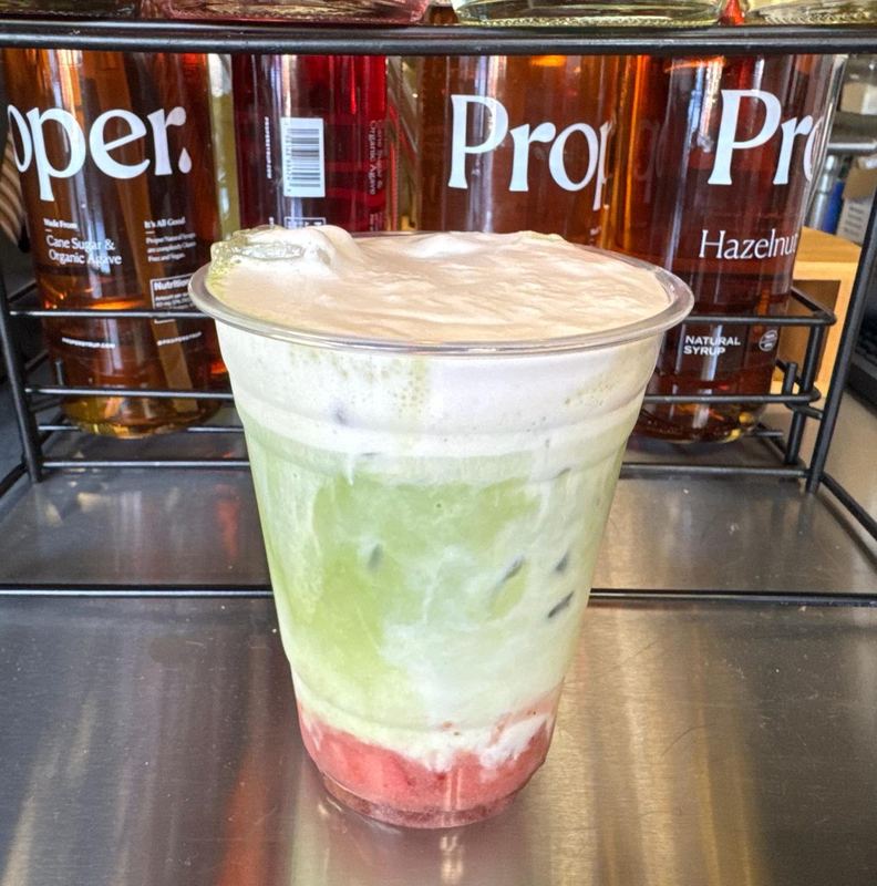 Strawberry Matcha Latte layered with strawberry and matcha